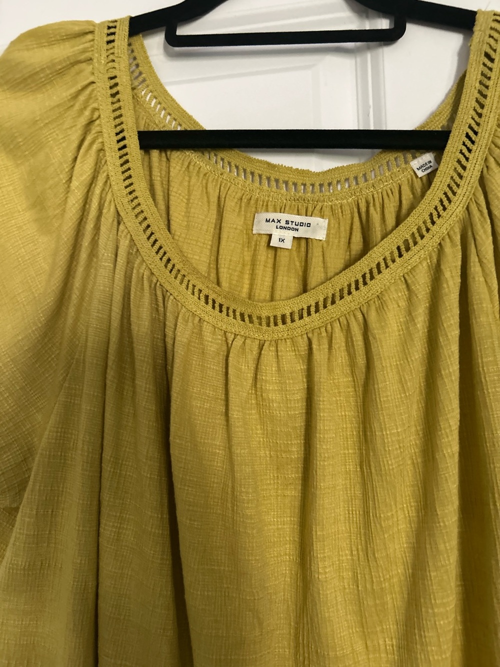 Max Studio Olive-Mustard Peasant Tunic with Openwork Trim